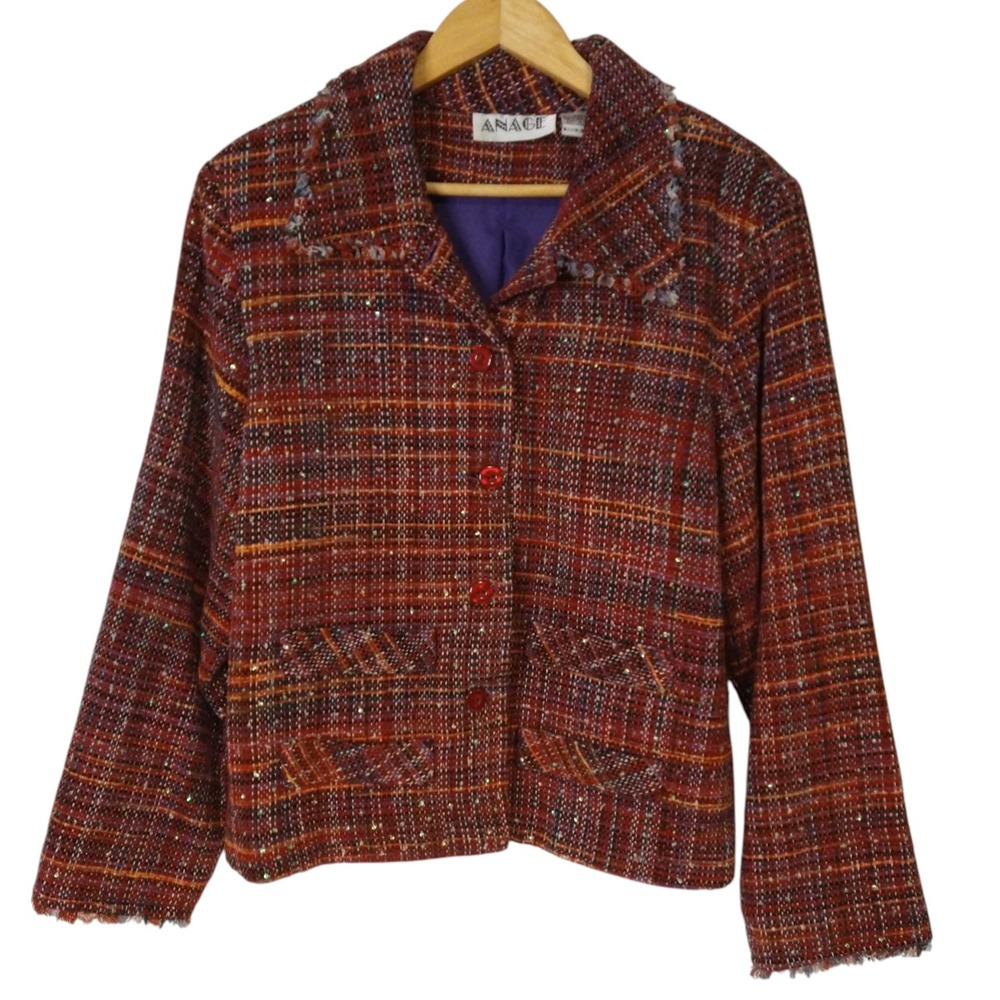 Anage Tweed Blazer Jacket Sequined Embellished Button Up XL Multicolor Lined